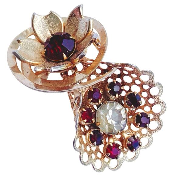 VTG Mid Century Gold Tone Rhinestone Fan Flower Brooch Costume Jewelry 50s 60s - Picture 1 of 10